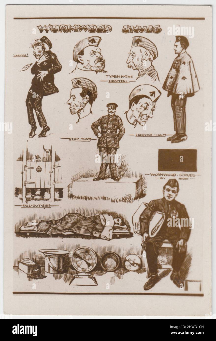 'Wormwood Snubs': cartoons about a conscientious objector's experiences in Wormwood Scrubs prison during the First World War. They include drawings of 'types in the hospital', the toilets, prison bunk, someone choking on porridge and a prison guard. These were photographed and sold as a postcard by W. Tetley, photographer, 19 Chapter Row, South Shields Stock Photo