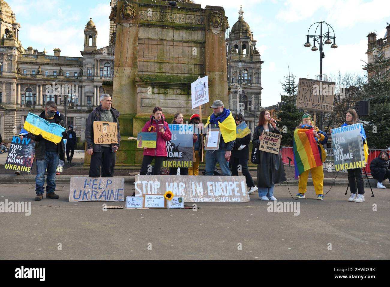 5th, March, 2022. Glasgow, Scotland, UK. Ukraine protest. People gather in George Square, Glasgow to protest the Russian invasion and attack of Ukraine in Eastern Europe. Credit. Douglas Carr/Alamy Live News Stock Photo