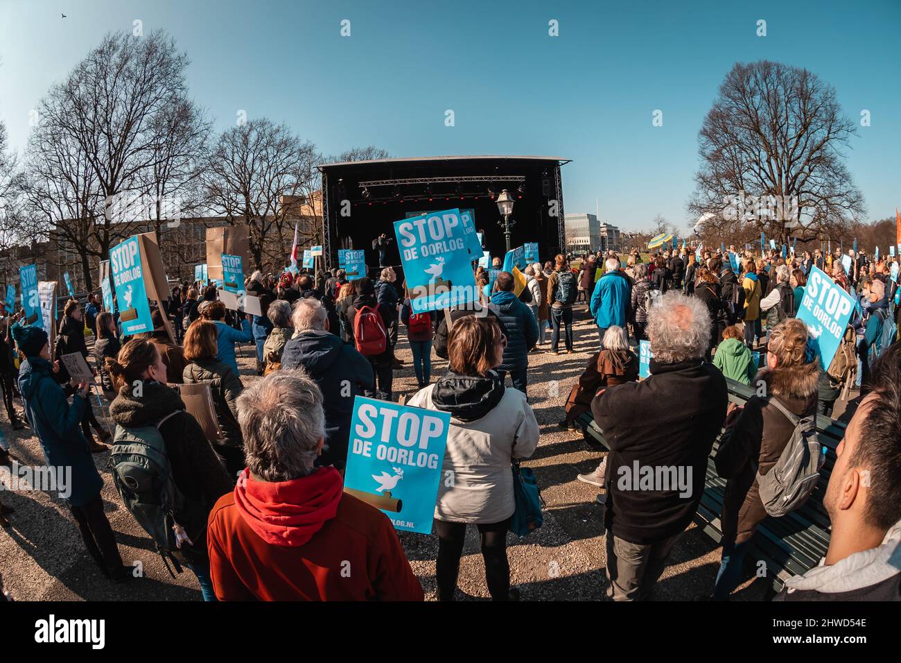 The Hague in The Netherlands - March 5, 2022: People demonstrating against war in Ukraine Stock Photo