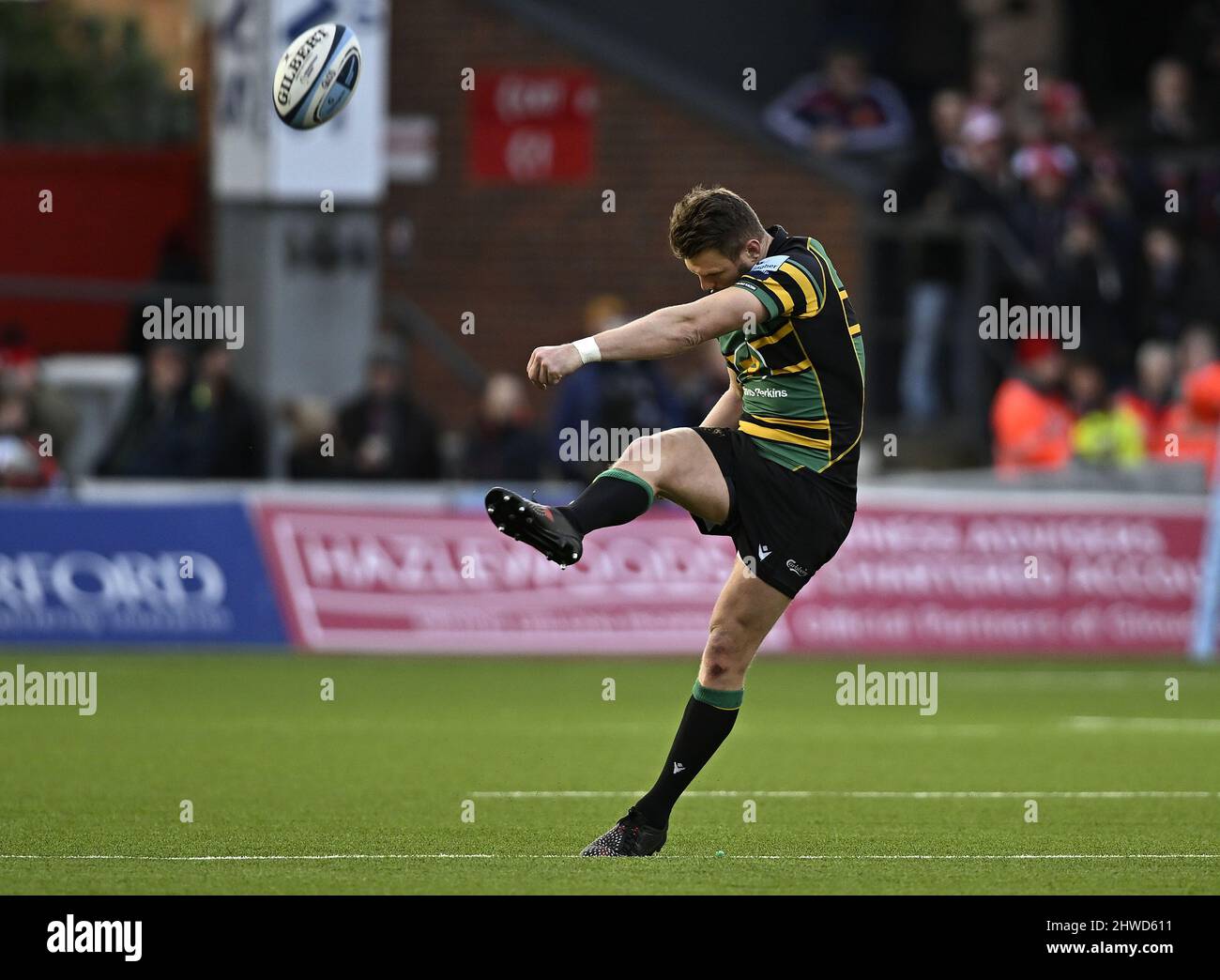 Gloucester, United Kingdom. 05th Mar, 2022. Premiership Rugby. Gloucester Rugby V Northampton Saints. Kingsholm Stadium. Gloucester. Dan Biggar (Northampton Saints) kicks during the Gloucester Rugby V Northampton Saints Gallagher Premiership rugby match. Credit: Sport In Pictures/Alamy Live News Stock Photo
