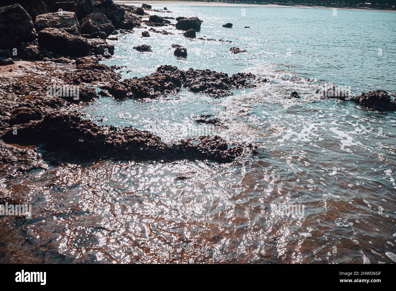 Beach rock horizon scenics Calm sea blue water ocean blue sky Stock ...