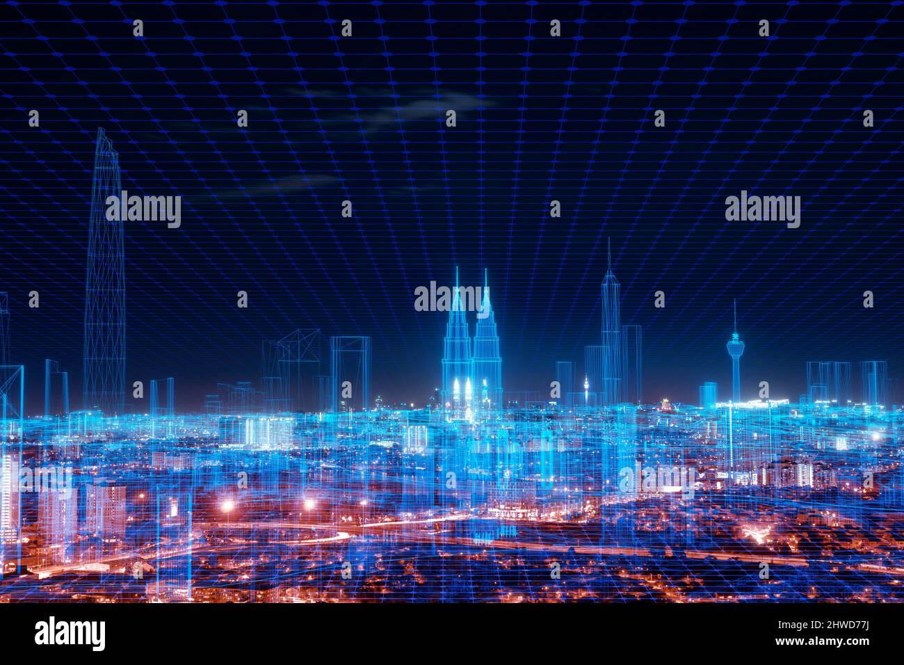 5G network digital hologram and internet of things on city background.5G network wireless systems. Stock Photo