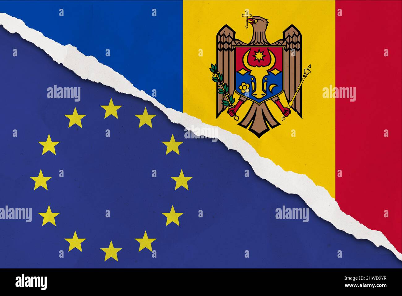 Moldova and European Union flag ripped paper grunge background. The