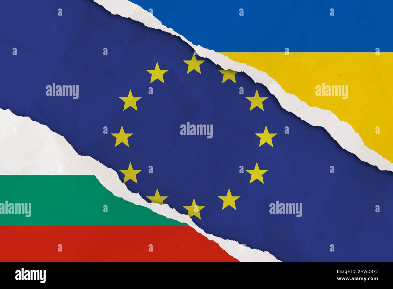 Ukraine, European Union, Bulgaria flag ripped paper grunge background Stock Photo