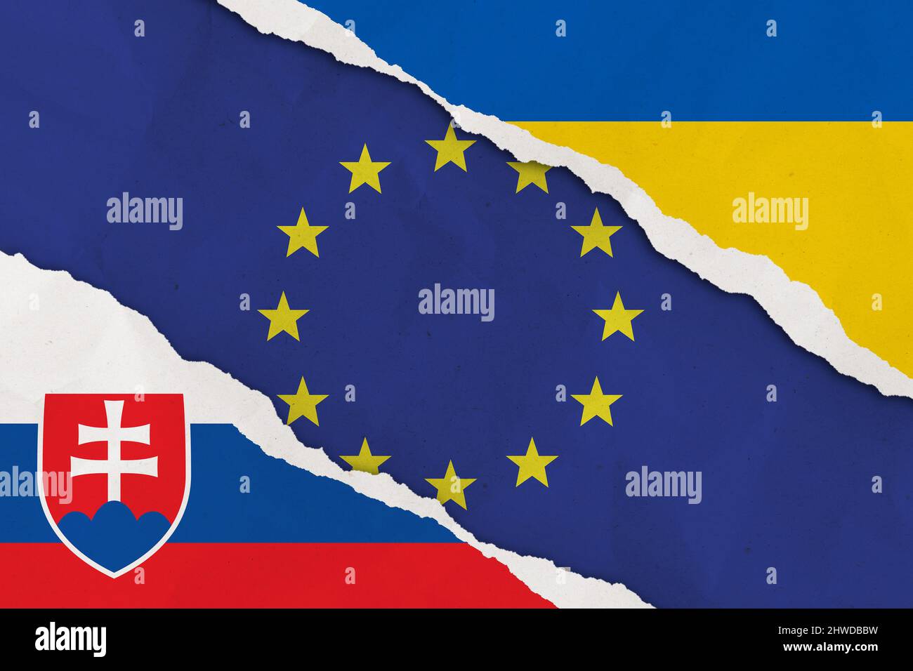Ukraine, European Union, Slovakia flag ripped paper grunge background Stock Photo