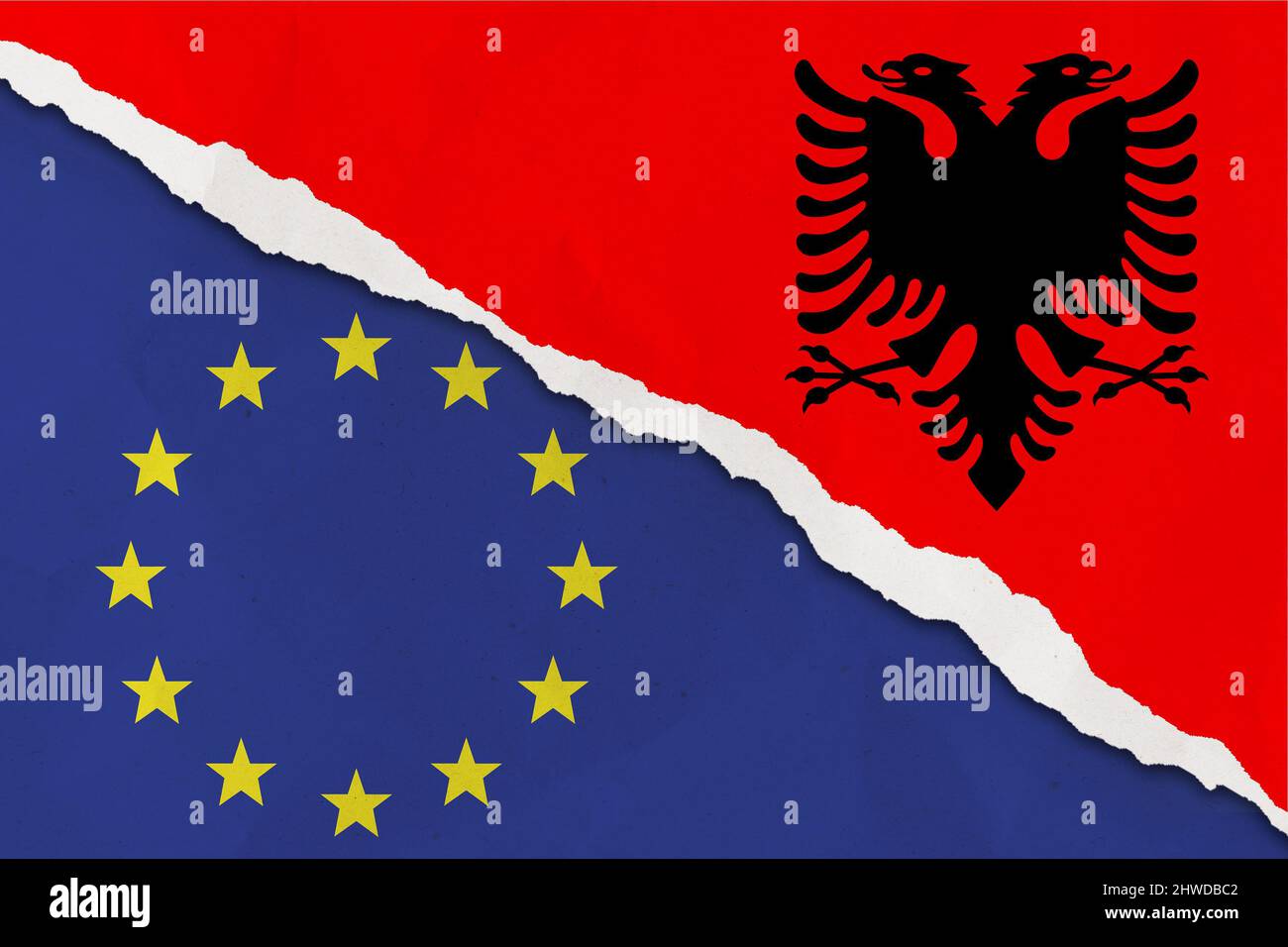 Albania and European Union flag ripped paper grunge background. The