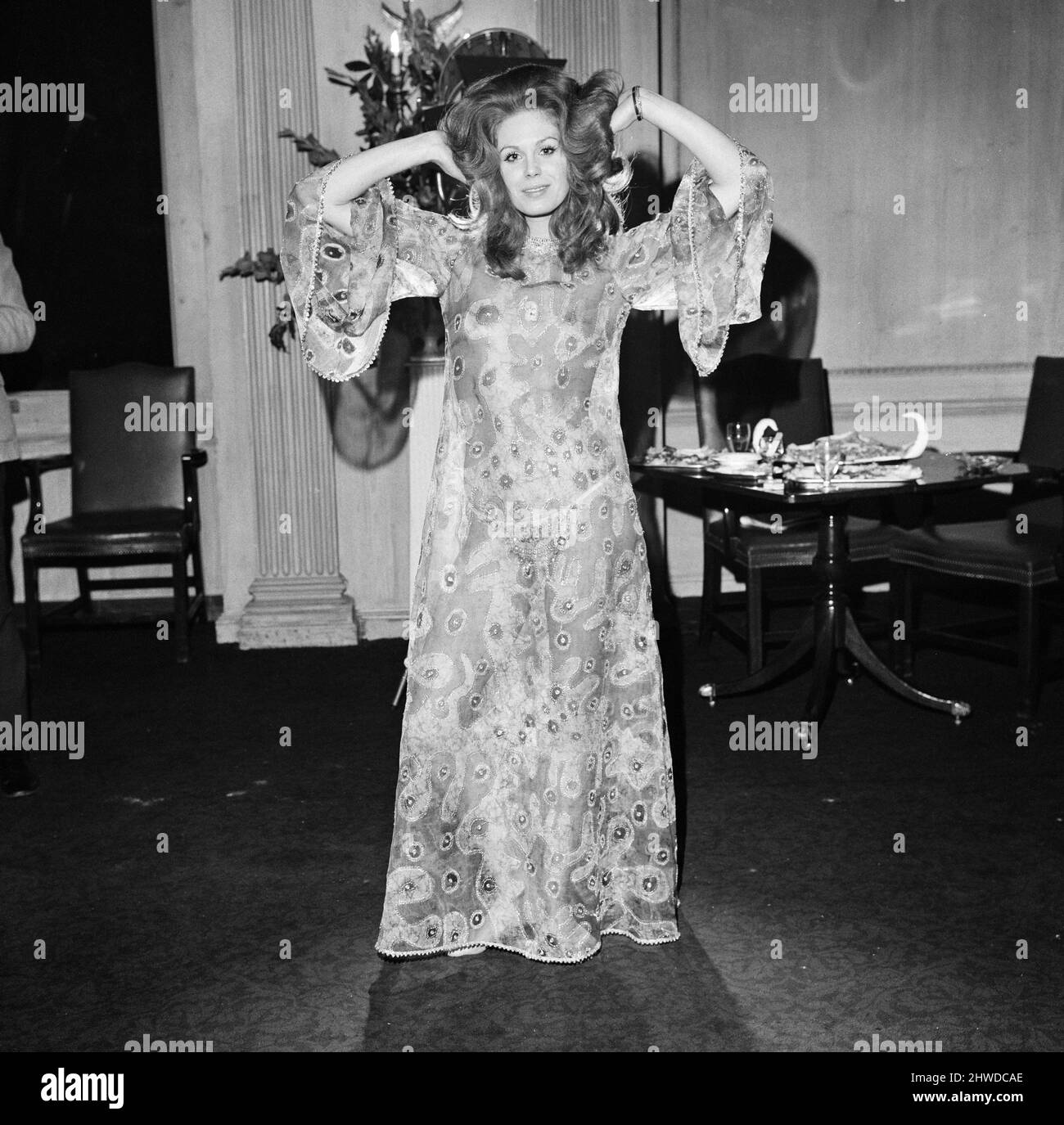 A new screen version of Andrew Sinclair's novel 'The Breaking of Bumbo' will start production shortly for Associated British Productions Ltd at Elstree Studios. The stars of the film were introduced to the press at the Army and Navy Club in Pall Mall. Joanna Lumley, who plays Susie. 21st January 1970. Stock Photo