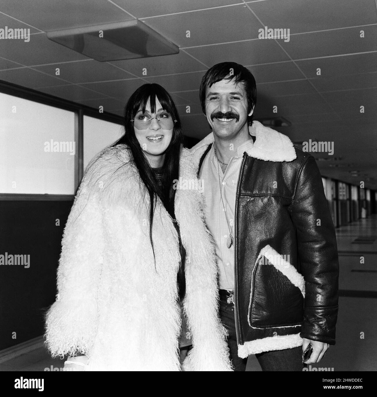 American pop singers Sonny and Cher on arrival at Heathrow Airport. 5th April 1969. Stock Photo