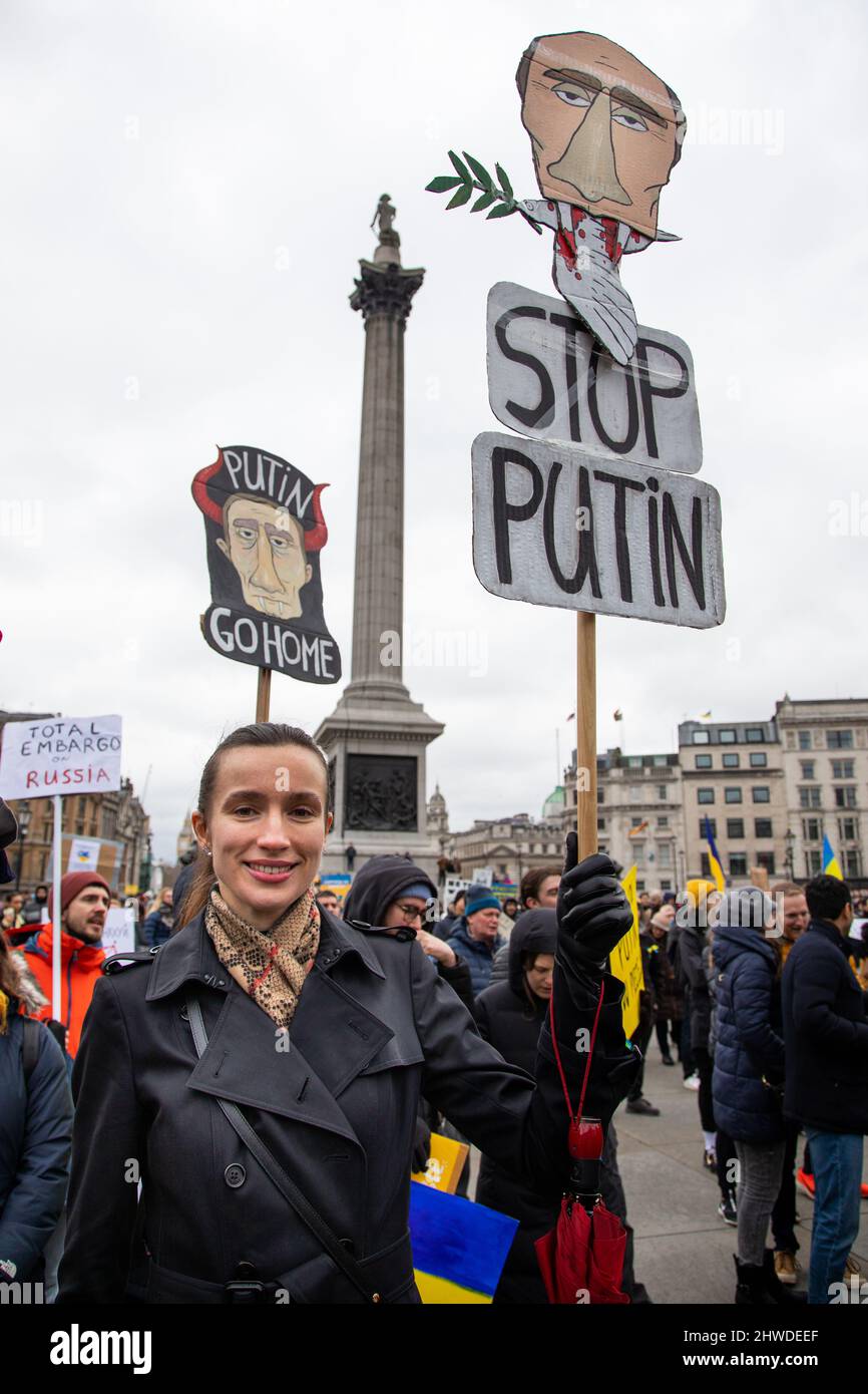 London, UK. 5th March 2022. Protesters have gathered in Trafalgar Square to stand with the people of Ukraine as Putin's war in Russia continues. Credit: Kiki Streitberger/Alamy Live News Stock Photo