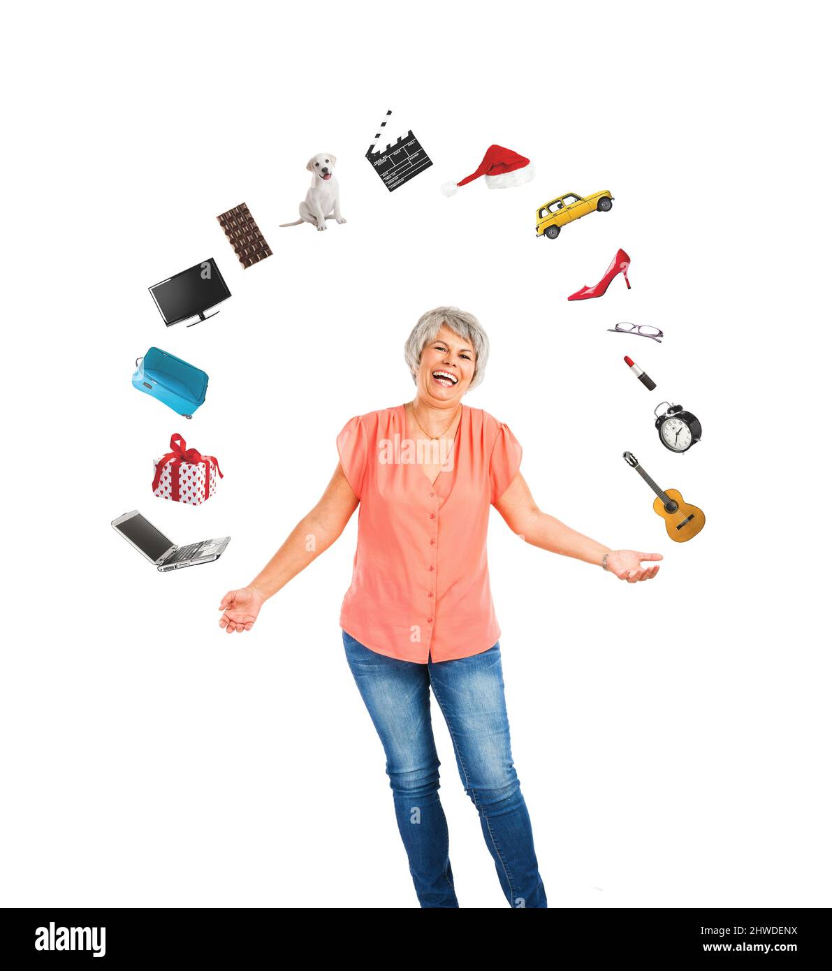 Old woman juggling multiple objects, isolated on a white background