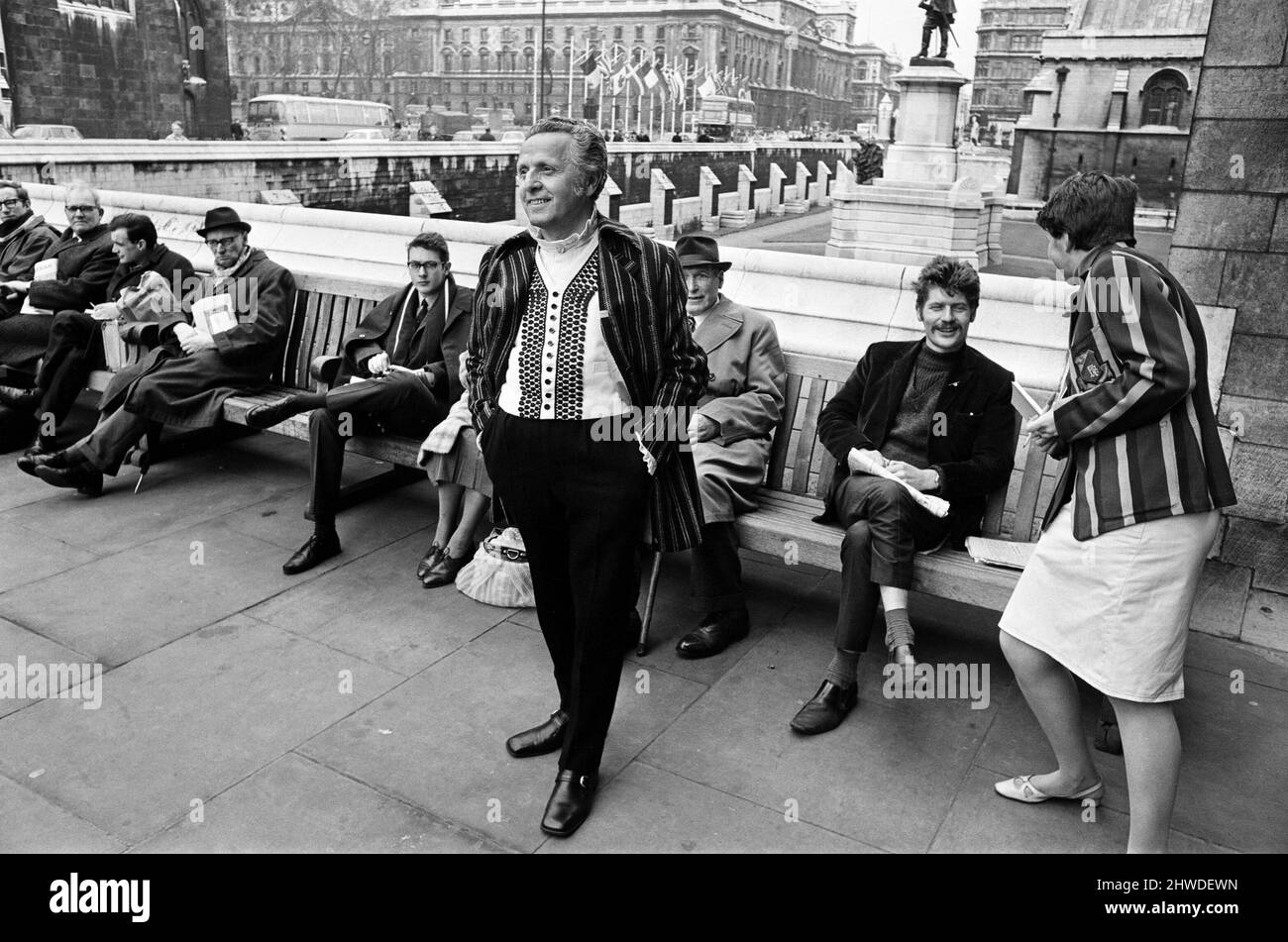 Leo Abse pictured wearing his budget day suit made of Welsh tweed. 15th April 1969. Stock Photo