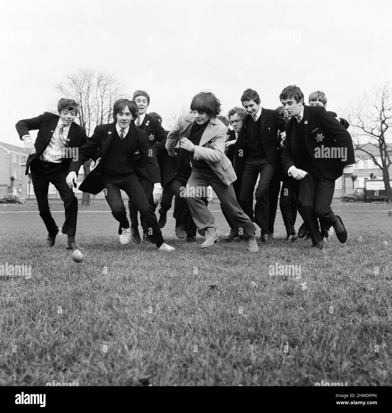 16 year old actor Jack Wild who played the role of the Artful Dodger in the 1968 Lionel Bart musical film Oliver! Pictured visiting his schoolmates at the Barbara Speake Drama School, East Acton, London. 27th March 1969. Stock Photo