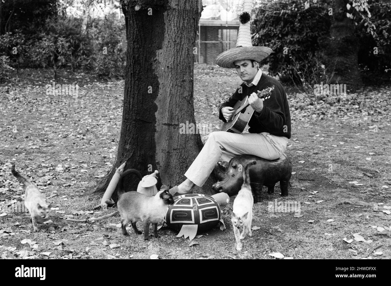 John Cleese relaxing in the garden of his home in Holland Park. With John are his cats as he sits beneath a tree and plays the guitar to a stuffed ferret, mouse, tortoise and rhino. And to keep off the November sun, he wears a tall Mexican hat. 1st November 1970. Stock Photo