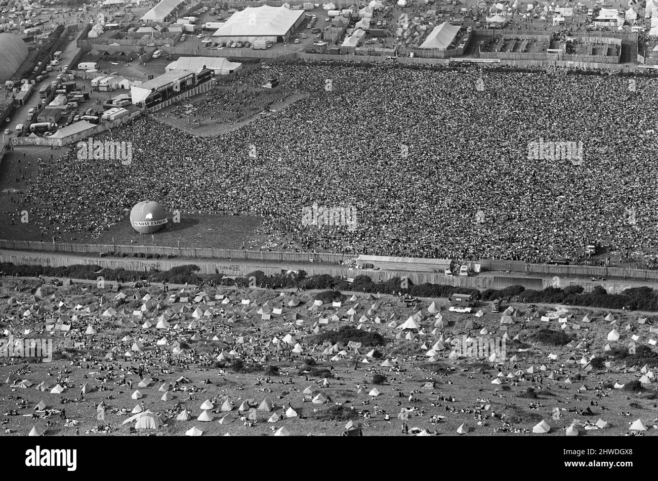 An aerial view of the 120,000 pop fans massed together at Freshwater on the Isle of Wight for the weekend pop festival. Pictures show the performance area and tented section. 28th August 1970. Stock Photo