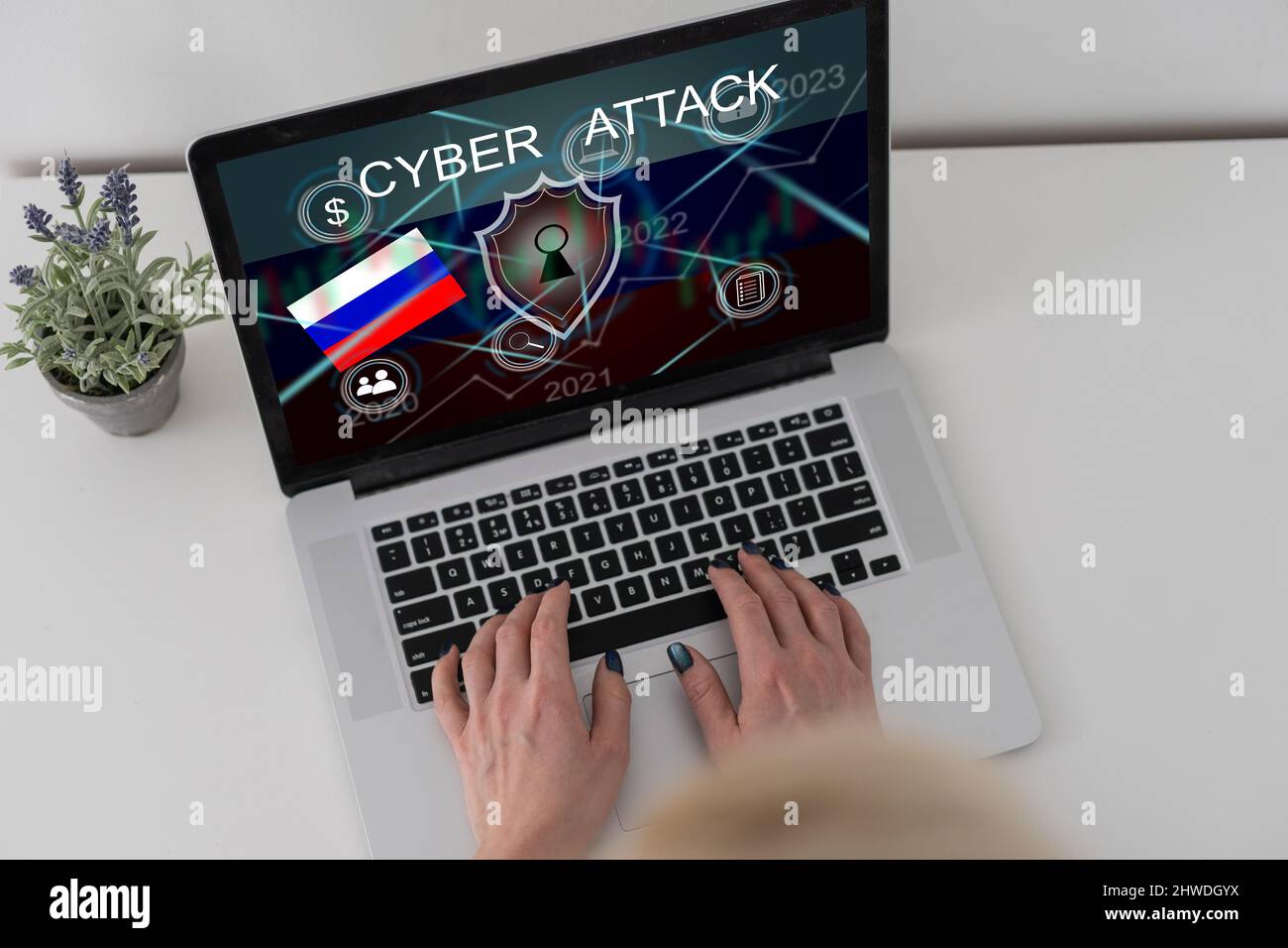 flag of Russia , computer, laptop on table and dark background Stock ...