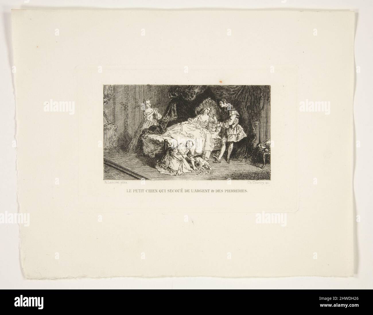 Le Petit Chien qui Secoue de L’Argent & des Pierreries.  Artist: Charles-Jean-Louis Courtry, French, 1846–1897After: Nicolas Lancret, French, 1690–1743 Stock Photo