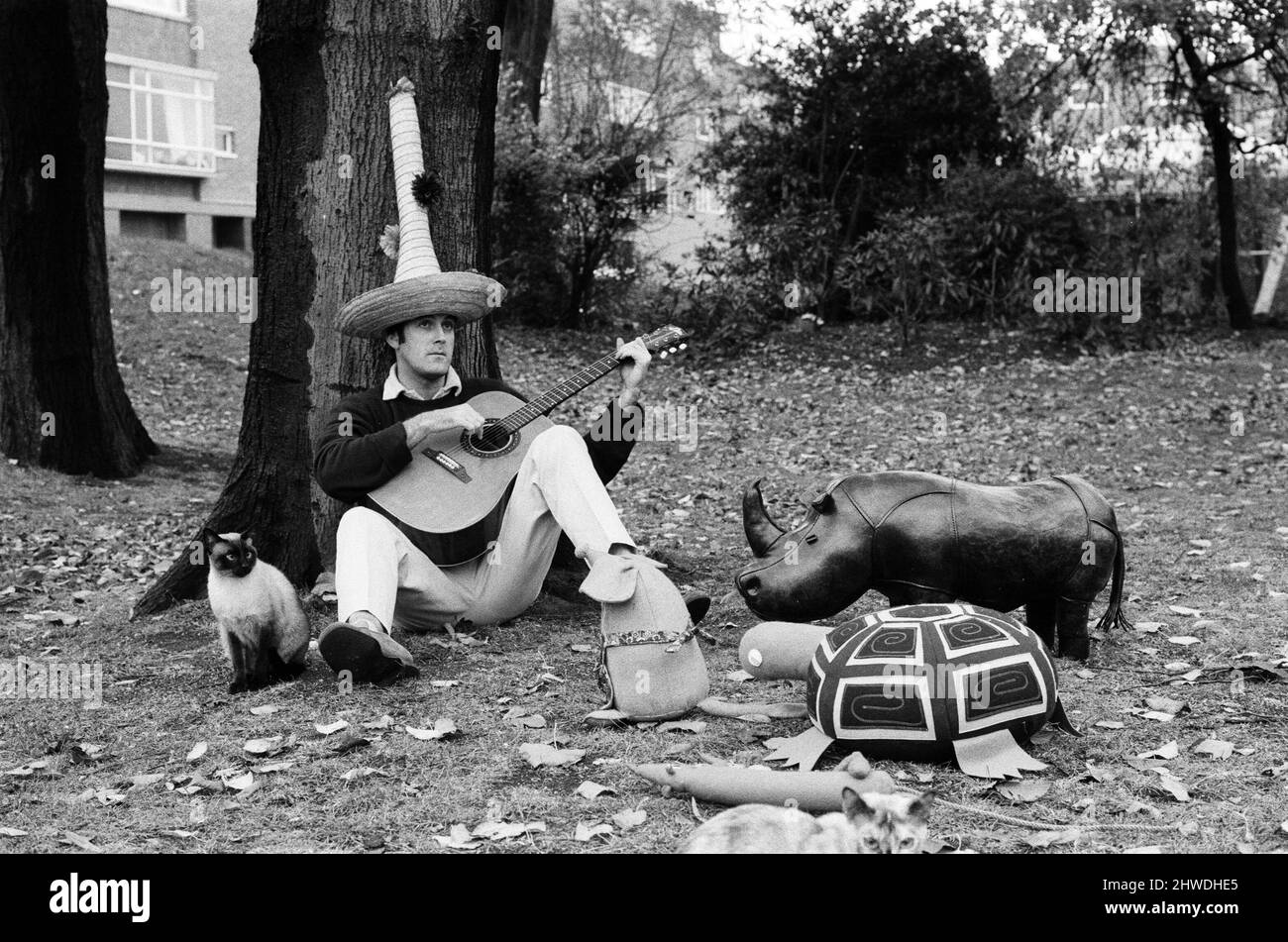 John Cleese relaxing in the garden of his home in Holland Park. With John are his cats as he sits beneath a tree and plays the guitar to a stuffed ferret, mouse, tortoise and rhino. And to keep off the November sun, he wears a tall Mexican hat. 1st November 1970. Stock Photo