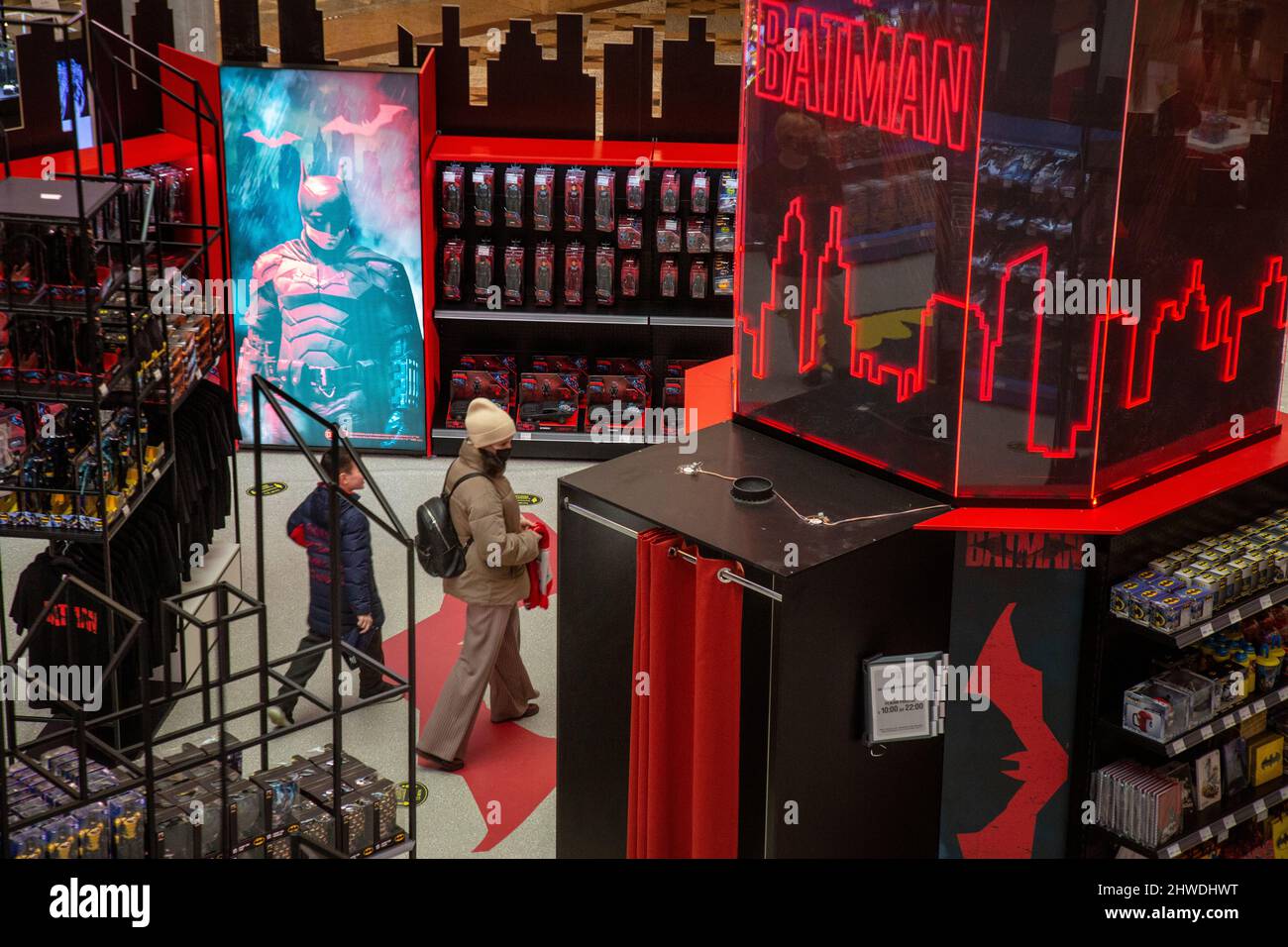Moscow, Russia. 5th of March, 2022 View of interior of the Batman Pop-Up Store, the first official temporary mono-brand store in Russia dedicated to the famous character of the DC universe and The Batman movie, in the Central Children's Store on Lubyanka in central Moscow, Russia Stock Photo