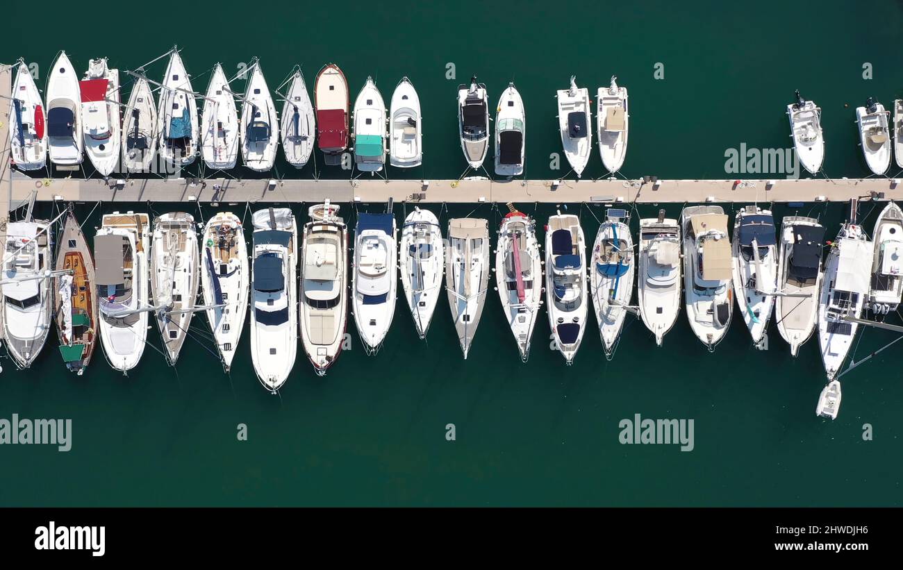 Top view of boats in Procida, Italy, the most popular tourist attractions on the beach. Yacht parking, yacht and sailboat is moored at the quay Stock Photo