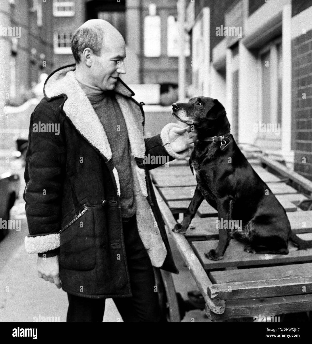 Patrick Stewart, who is starring as Launce in The Royal Shakespeare Company's production of The Two Gentlemen of Verona, with Blackie, a dog rescued in Leamington Spa by the Avon Dog Rescue Service. Blackie was immediately cast for the role of Crab, who has an important relationship in the play with Launce. 21st December 1970. Stock Photo