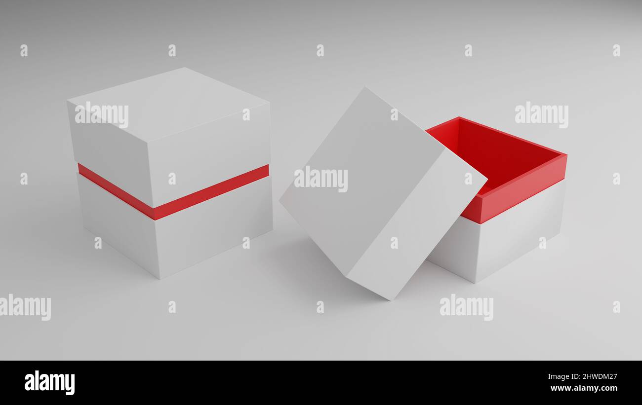 Blank Empty White Red Jewelry or Watch Box For Mockup 3D Illustration