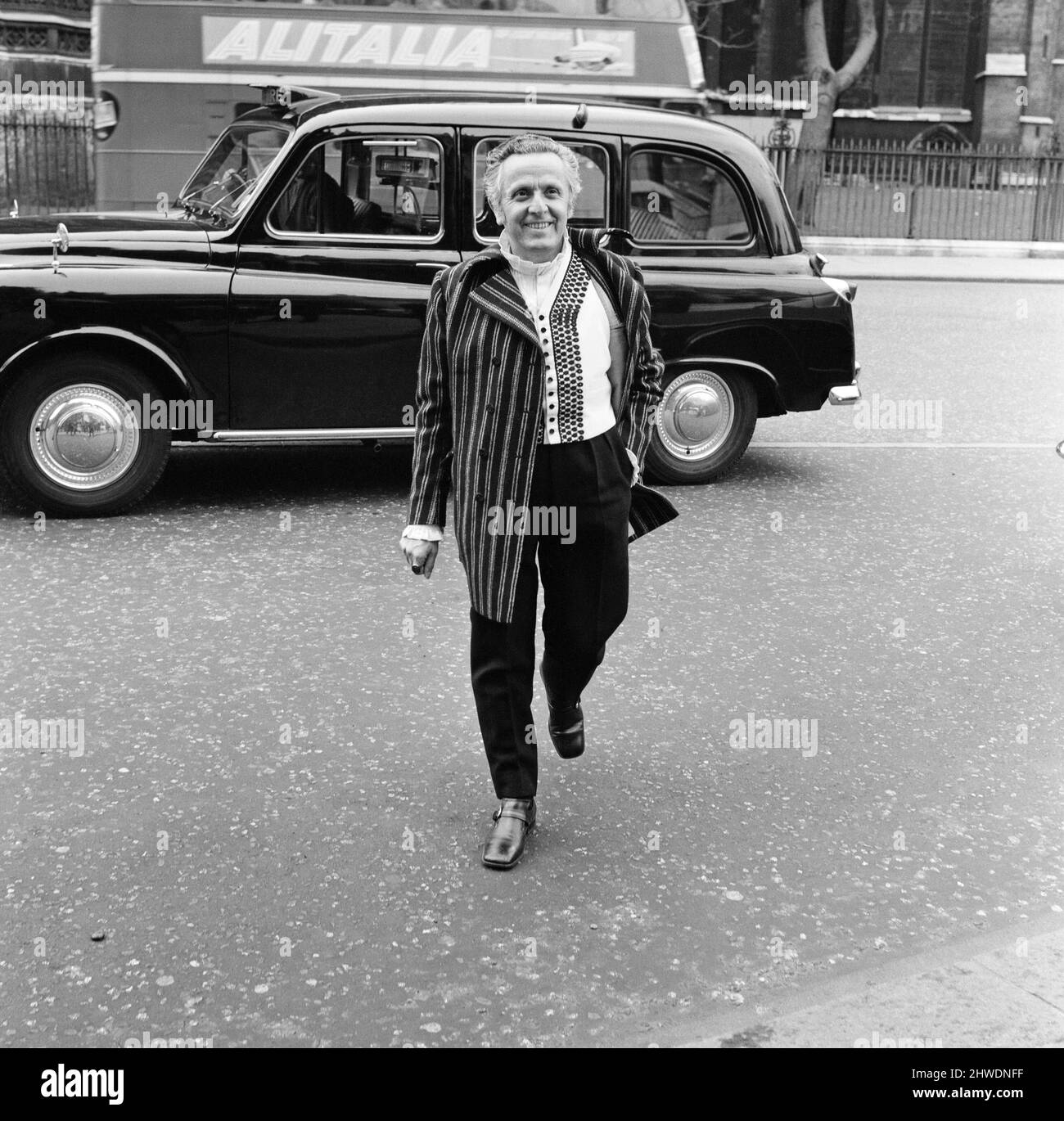 Leo Abse, Labour MP for Pontypool, arrives at the House of Commons wearing his budget day clothes, a suit made of Welsh tweed. 15th April 1969. Stock Photo