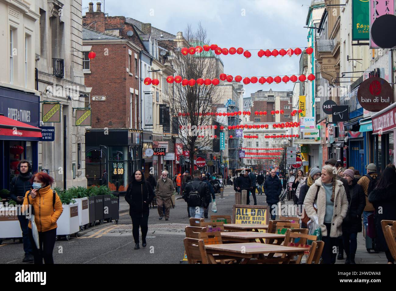 Chinese New Year lanterns hanging over Bold Street, Liverpool England UK Stock Photo