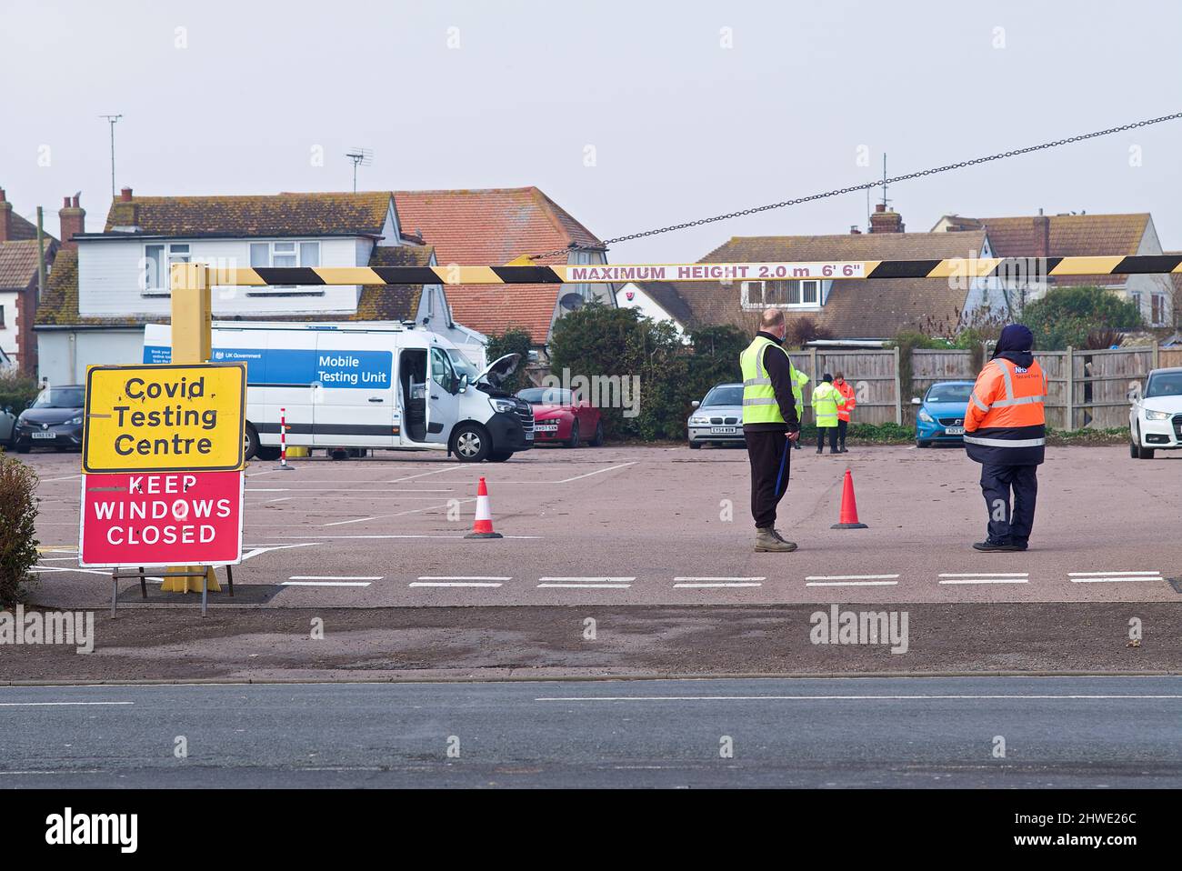 Mobile Covid Testing Centre in a public car park along the sea front at Clacton on Sea. Stock Photo