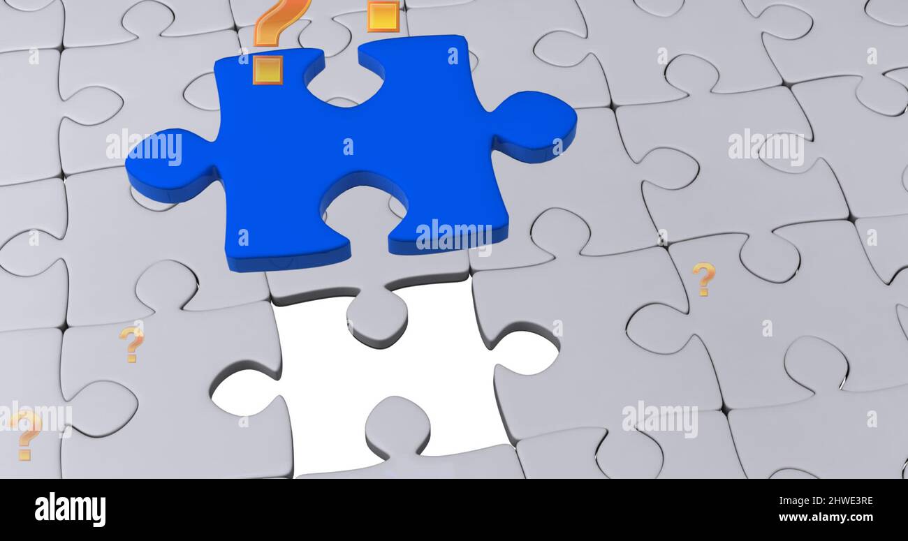 Image of question marks and blue puzzle over white puzzle background ...