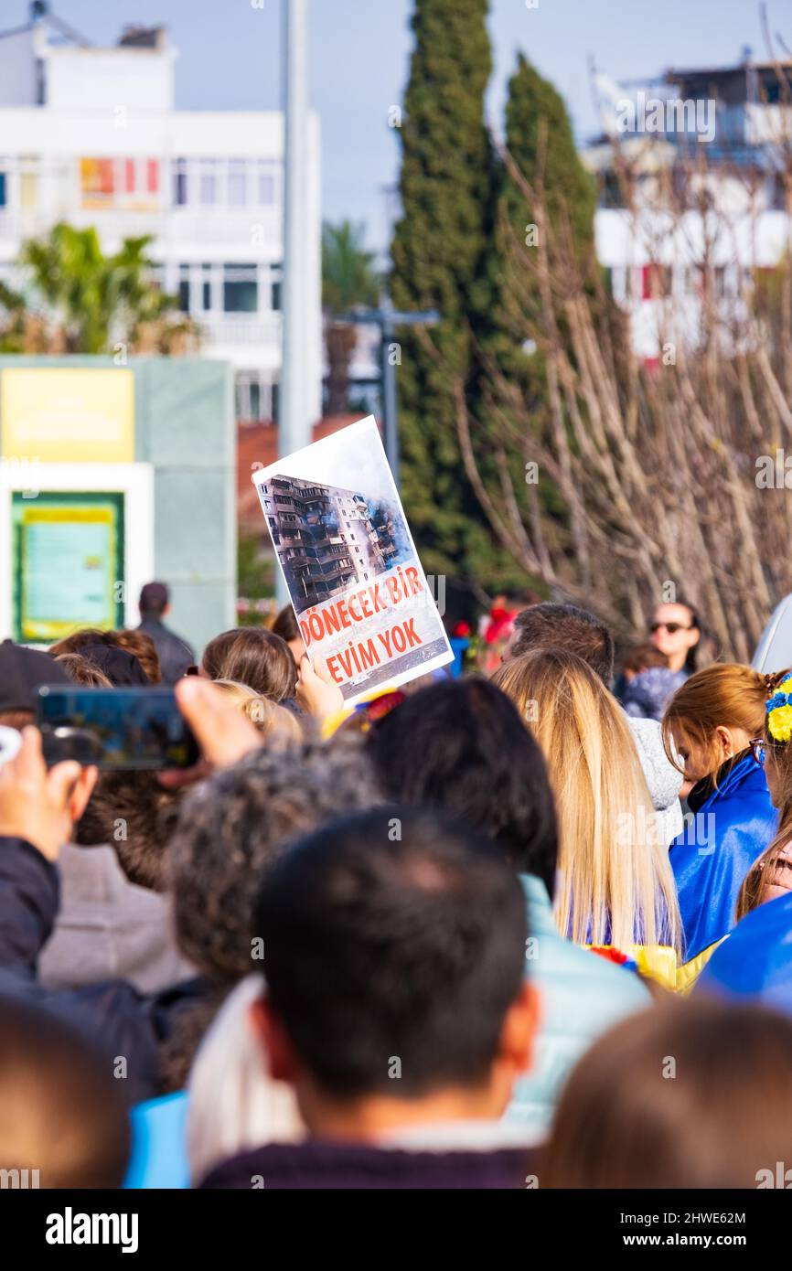 Antalya, Turkey 4 March 2022: Ukraine Anti War protests against Russia in Antalya, Turkey Stock Photo