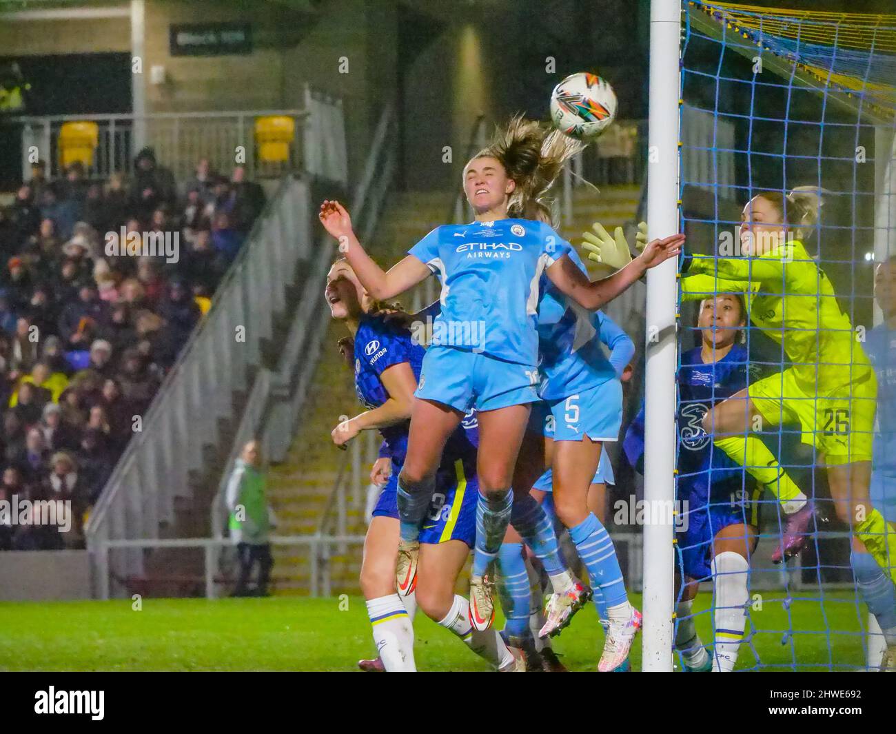 Wimbledon, London, UK. 05th Mar, 2022. Georgia Stanway (10 - Manchester City Women) defends a corner in the match between Chelsea Women and Manchester City Women in The FA Women's Continental Tyres League Cup Final 2022 at The Cherry Red Records Stadium, Plough Lane, Wimbledon on 5th March 2022 Claire Jeffrey/SPP Credit: SPP Sport Press Photo. /Alamy Live News Stock Photo