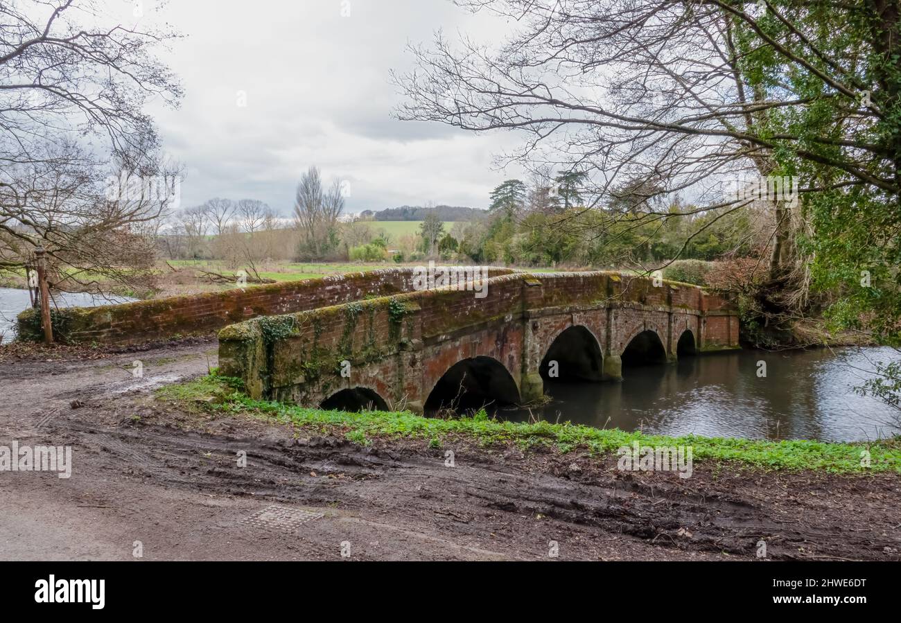 5arch red brick bridge over River Avon at Salterton, Woodford Valley