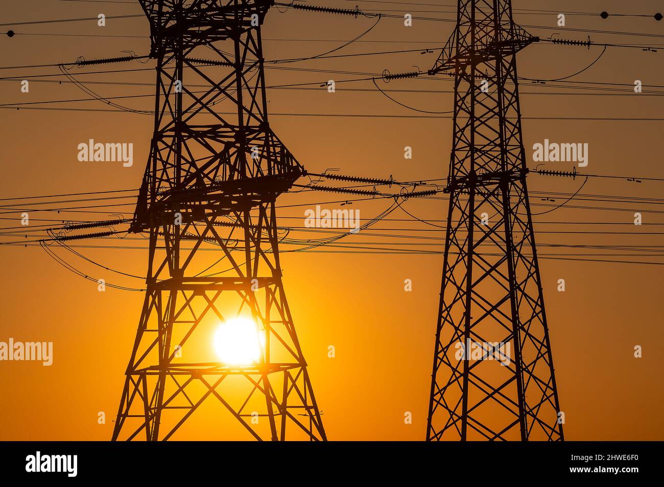 High voltage wires at a transmission tower for the distribution of
