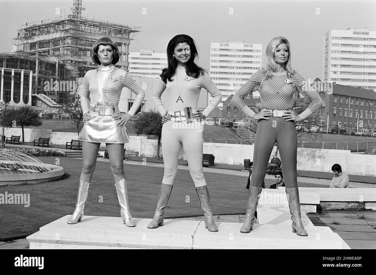 UFO, TV Series. Actresses from the science fiction series about an alien invasion of Earth, pictured during photo-call to promote the series outside Hall of Memories, Birmingham, 15th September 1970. Stock Photo