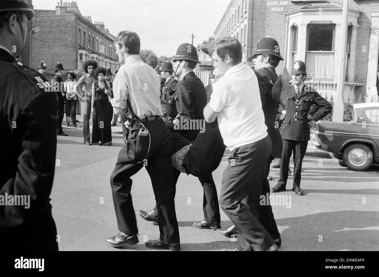 Black Power demonstration in the Paddington and Notting Hill area of London, Sunday 9th August 1970, the demonstration took place in response to repeated police raids on The Mangrove Restaurant, which was an important meeting place for the black community in the Notting Hill area of London. Stock Photo