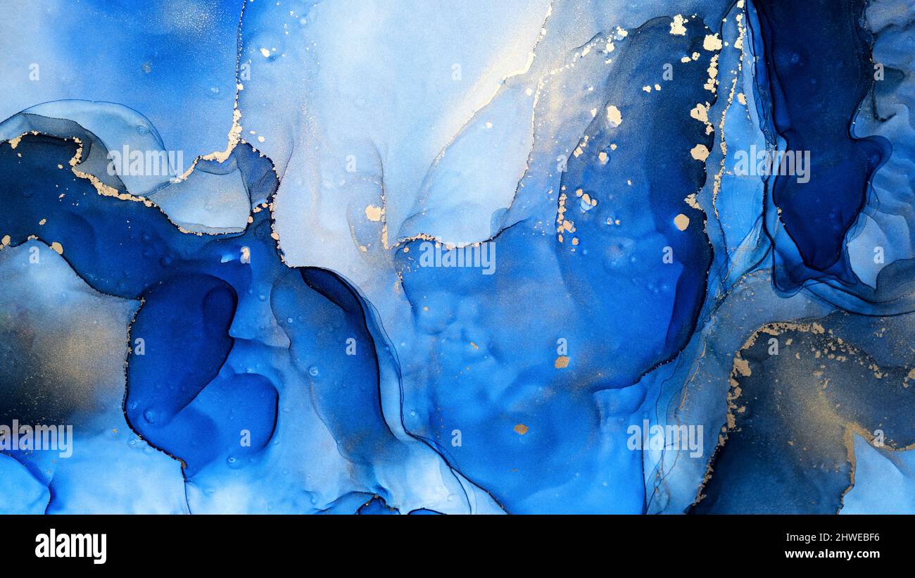 Translucent Alcohol ink texture background. Luxury blue fluid art with ...