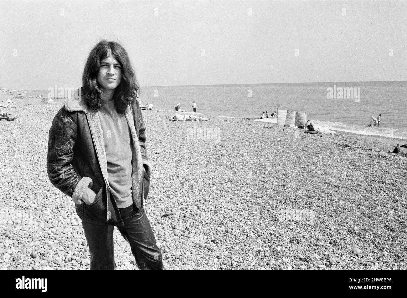 Ian Gillan, lead singer of the Deep Purple rock group, pictured on the beach in Brighton, East Sussex after it was announced he would be playing the part of Jesus Christ in a 'pop Opera'.26th June 1970. Stock Photo