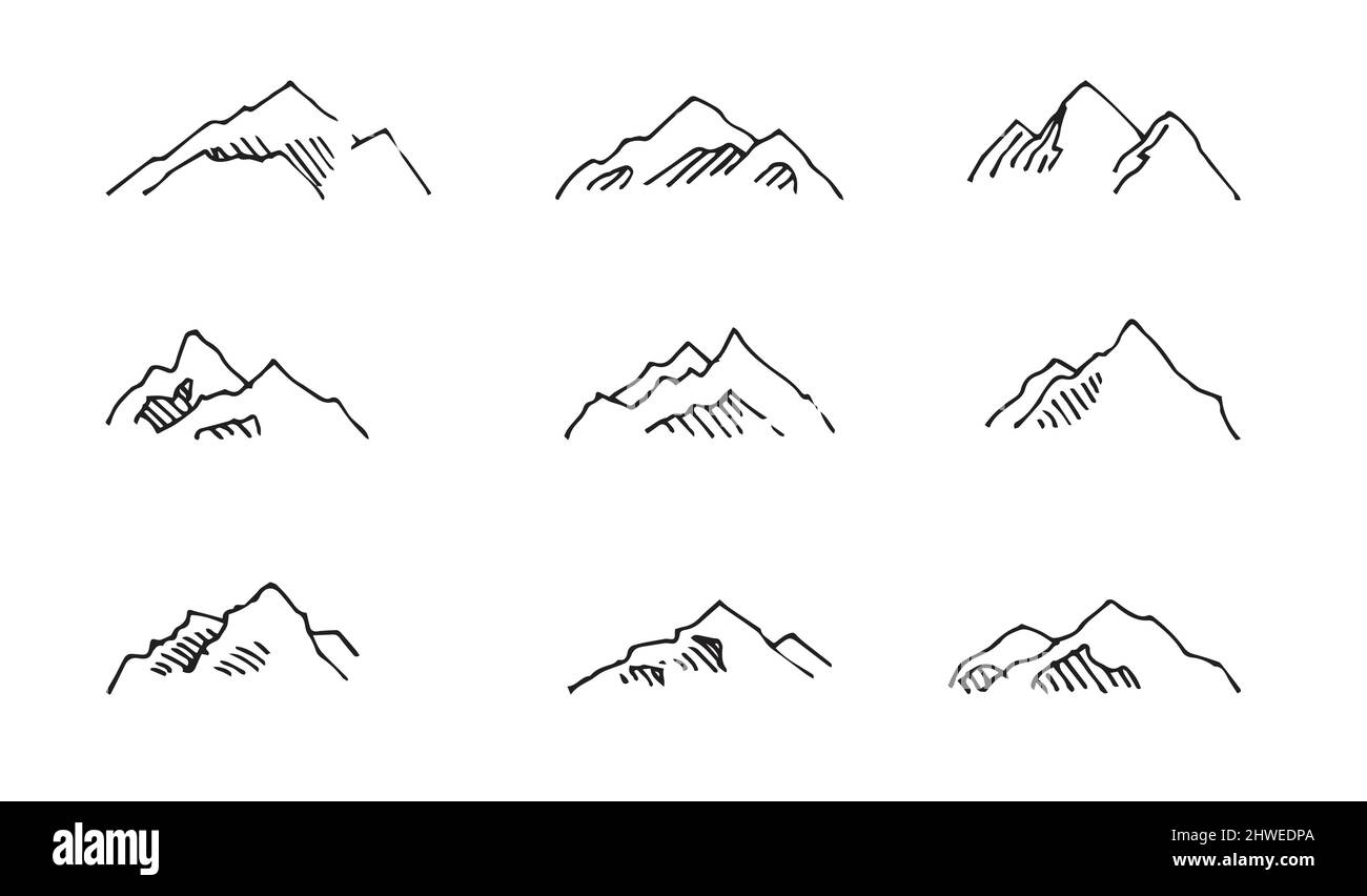 Set of mountain cliff. In style of contour engraving. Sketch sketch. Hand drawing isolated on white background. Vector Stock Vector