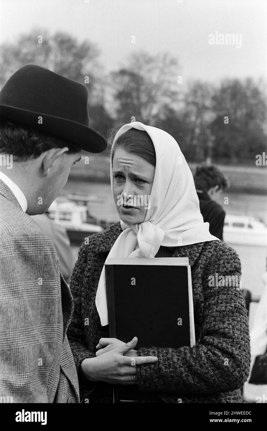 Sir Ranulph Twisleton-Wykeham-Fiennes, leader of a six man hovercraft expedition to the White Nile, which returned last Thursday, tries out a sister 'ship' on the Thames at Putney. Pictured, Sir Ranulph's fiancee, Miss Virginia Pepper. 11th April 1969. Stock Photo