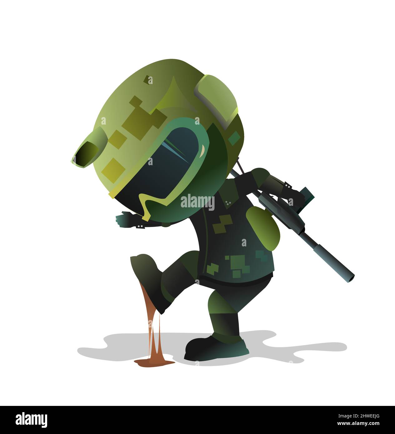 Warrior paintball player stepped on dirt. Comic funny character. Helmet, mask and uniform. Isolated on white background. Vector Stock Vector