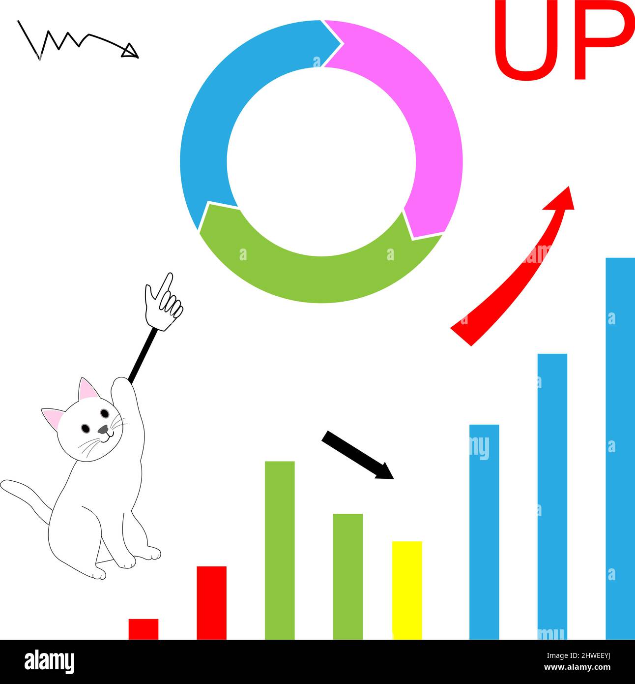 Arrow showing the statistic with progress bars and white cats climbing Stock Vector