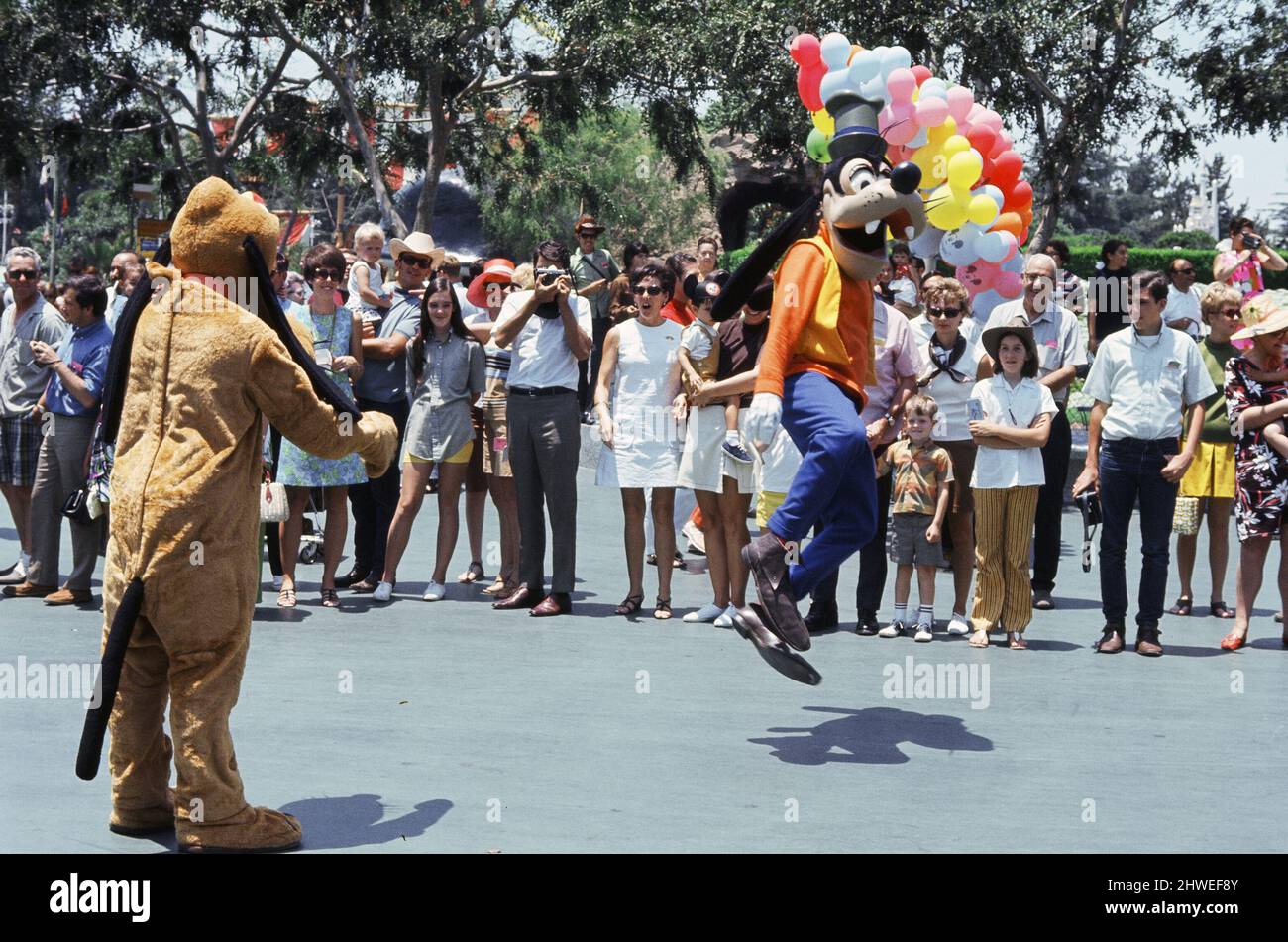 Scenes at the Disneyland theme park in Anaheim, California, United States.  Disney canine characters Pluto and Goofy during the Main Street parade. June 1970. Stock Photo