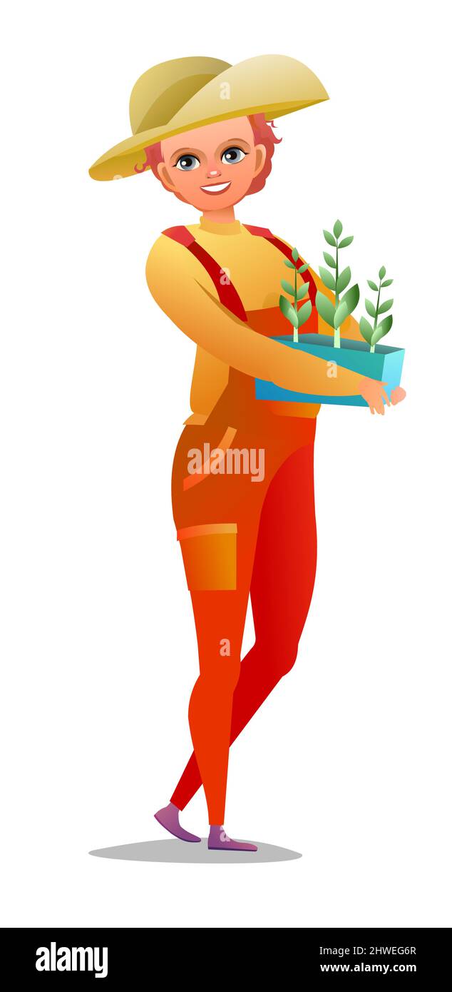 Little girl villager farmer in overalls. Teen is an agricultural worker.  Cheerful person Standing pose. Cartoon comic style design. Single character  Stock Vector Image & Art - Alamy