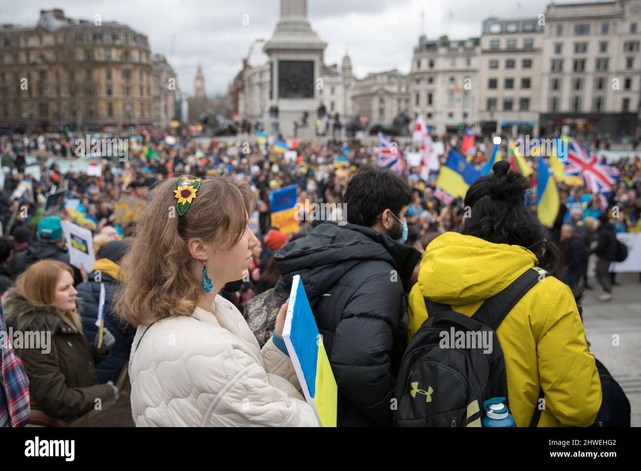 London, UK. 05th Mar, 2022. Protesters gather in central London in solidarity with the Ukrainians and to protest against Putin's invasion of the East European country. Credit: SOPA Images Limited/Alamy Live News Stock Photo