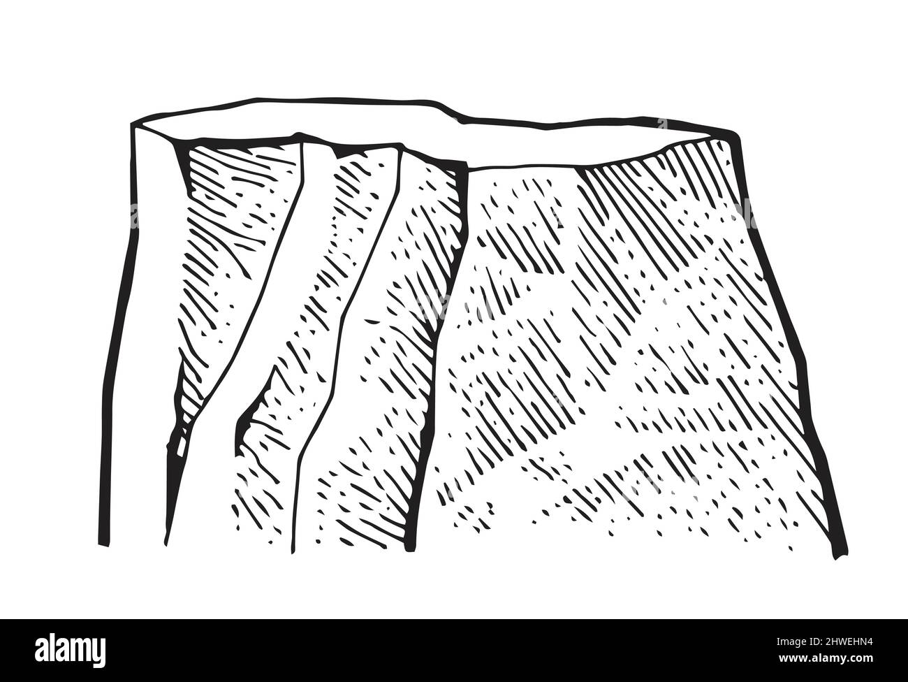 Flat rock. Piece of cliff. In style of contour engraving. Outline sketch. Hand drawing is isolated on white background. Vector Stock Vector