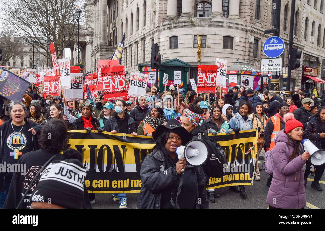 London, UK. 5th March 2022. Protesters marched thorugh Central London as part of the Million Women Rise global gathering against male violence towards women and girls. Credit: Vuk Valcic/Alamy Live News Stock Photo