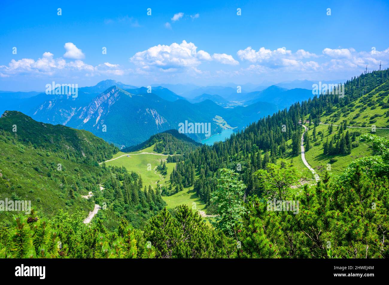 View from Mountain Herzogstand to Lake Walchensee -  close to Kochel am See - beautiful travel destination in Bavaria, Germany Stock Photo