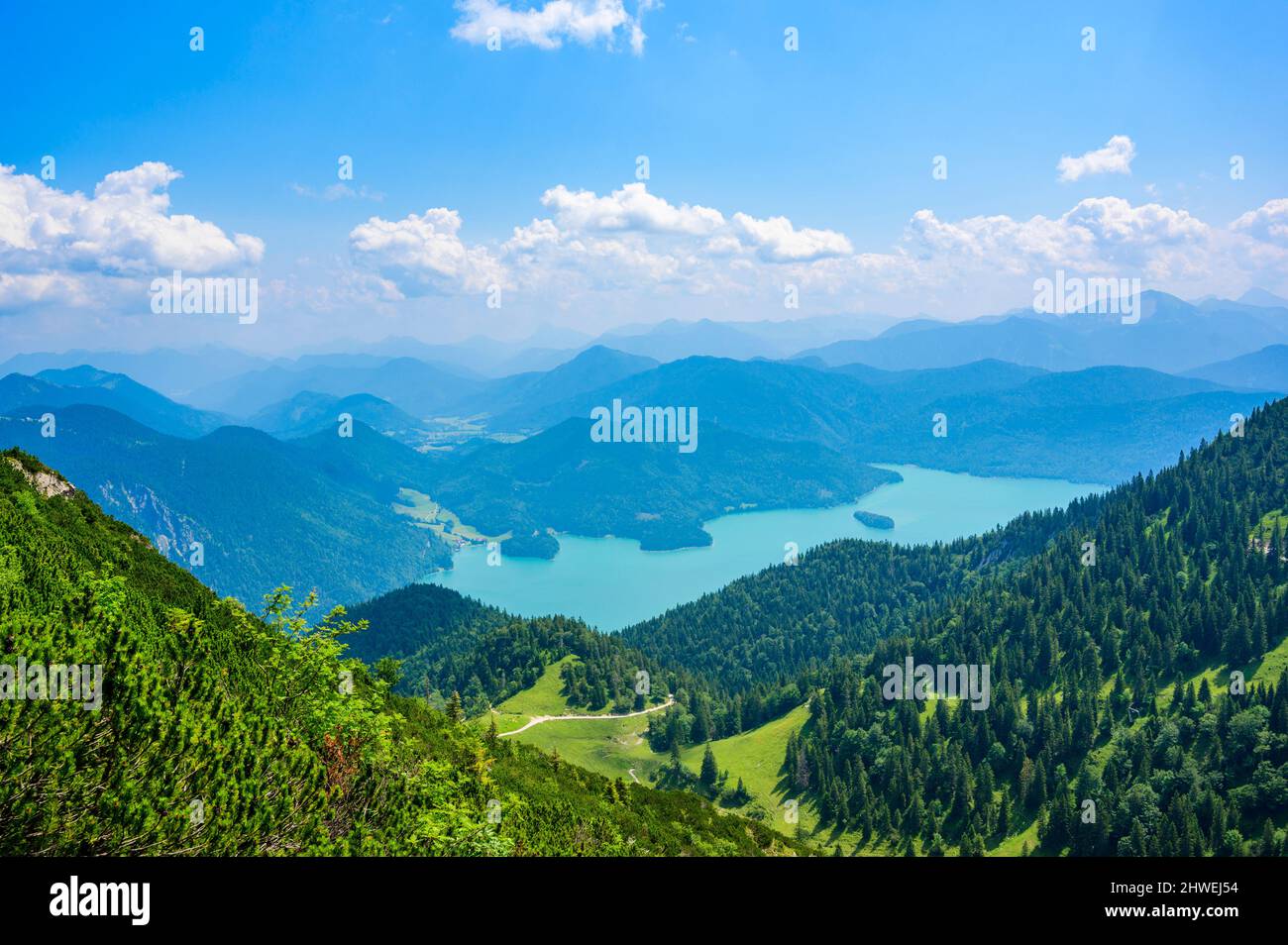 View from Mountain Herzogstand to Lake Walchensee -  close to Kochel am See - beautiful travel destination in Bavaria, Germany Stock Photo