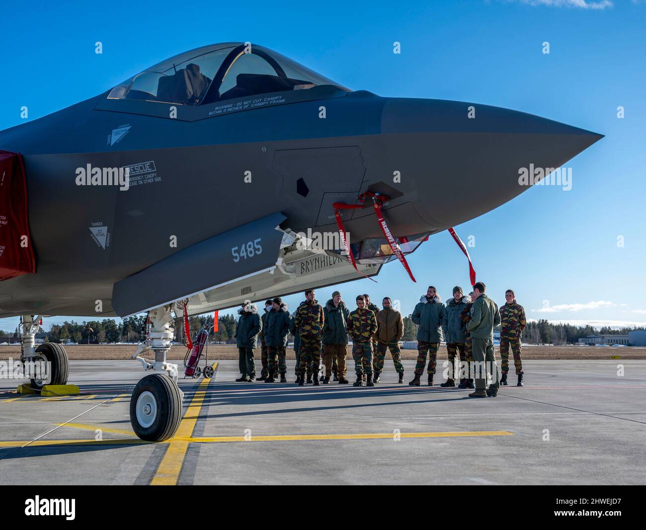 A U.S. Air Force pilot assigned to the 48th Fighter Wing from Royal Air Force Lakenheath gives a tour of an F-35 Lightning II aircraft for members of the Belgian air force at Ämari Air Base, Estonia, March 3, 2022. Members of the 48th FW and three F-35s forward deployed to Ämari AB to support NATO’s collective defense and enhanced Air Policing mission. U.S. forces in Europe live, train and operate with allies and partners from strategic locations across Europe. These locations are critical for a timely and coordinated response during peacetime and crisis. (U.S. Air Force photo by Staff Sgt. Me Stock Photo
