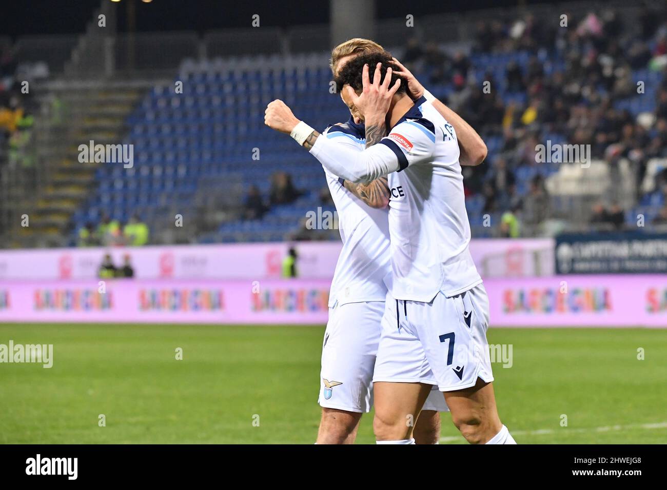 Unipol Domus, Cagliari, Italy, March 05, 2022, Felipe Anderson of Lazio,  Ciro Immobile of Lazio, Esultanza, Celebration after scoring goal during Cagliari  Calcio vs SS Lazio - italian soccer Serie A match